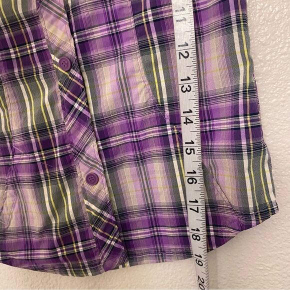 Columbia girls Youth Purple plaid cap sleeve Omni Shade button snap shirt 6X - Picture 5 of 8
